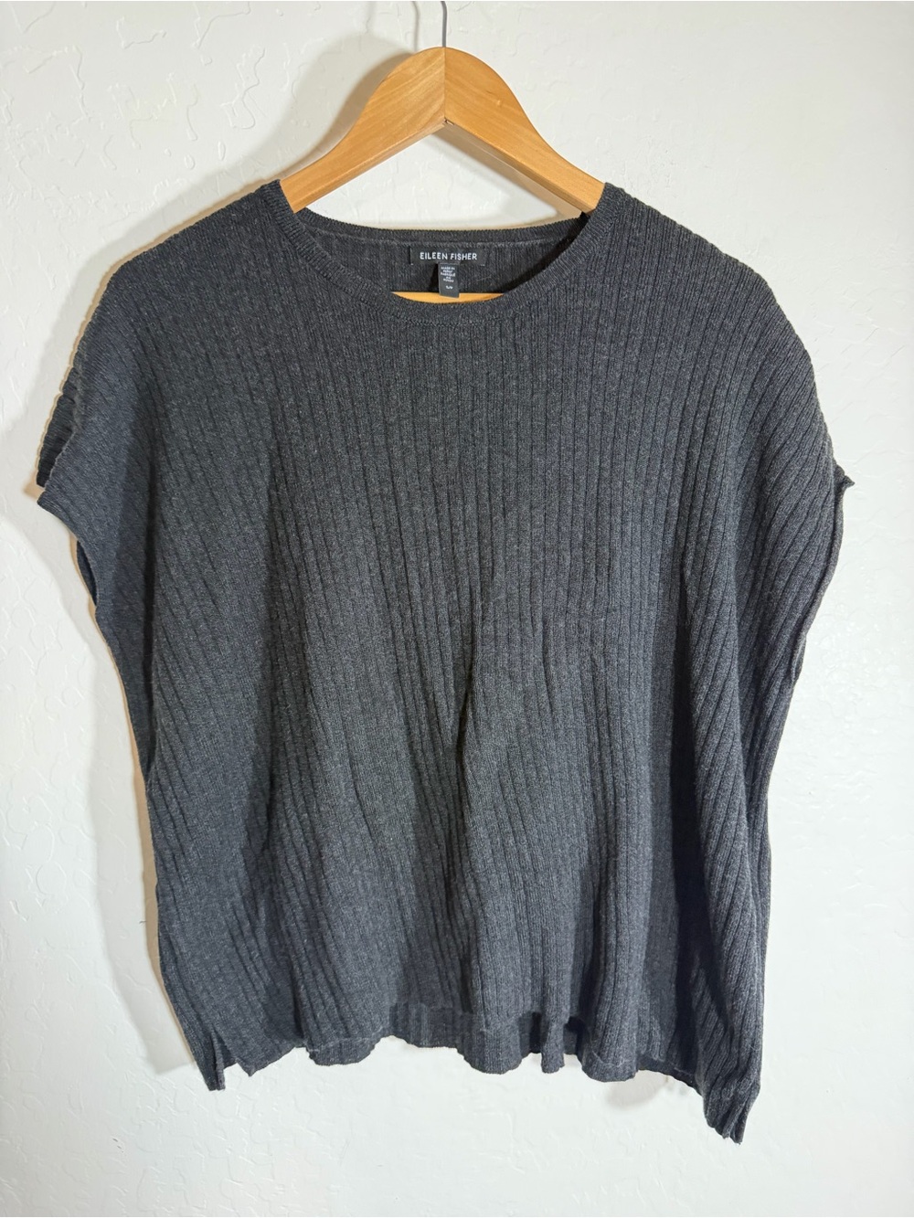 Eileen Fisher Organic Cotton Tencel Ribbed Cap Sleeve Sweater Top Grey Small